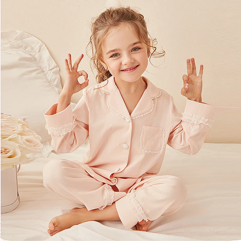 Pajamas Sets Children Pajamas Kids Clothes Sets Children Girls Lolita Turndown Collar Pajama Sets Long sleeve Tops + Pants Toddler Kids Lace Pyjamas set Girl Sleepwear Loungewear