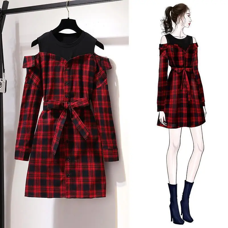 

Korean style cute red plaid shirt dress women long sleeve with belt mini dress casual off-shoulder spring fall women dress