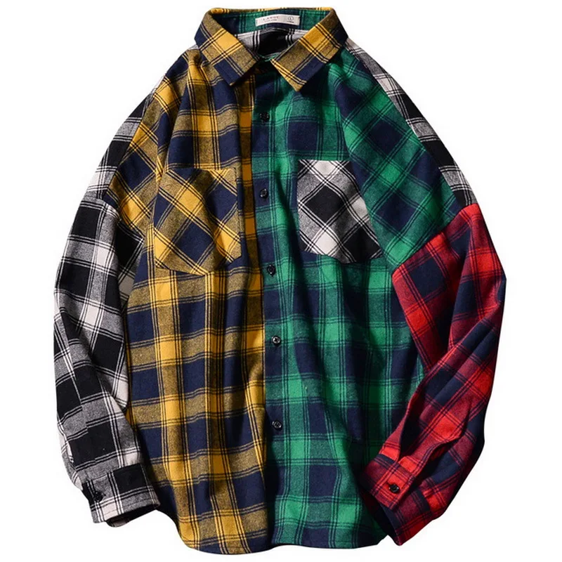HIP HOP Streetwear Patchwork PUNK Casual Plaid Shirt Men Long Sleeve High Quality 2020 Loose Spring Autumn HIP HOP Streetwear Patchwork PUNK Casual Plaid Shirt Men Long Sleeve High Quality 2020 Loose Spring Autumn
