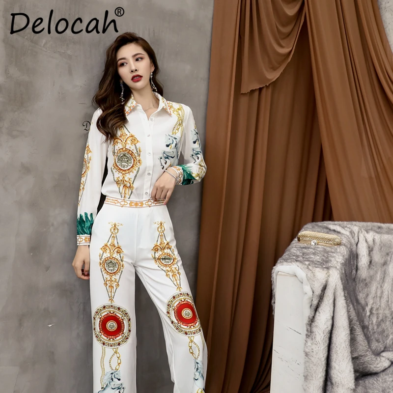 Delocah, модный осенний костюм для подиума, женская рубашка с длинными рукавами и принтом+ винтажные широкие брюки, Женский праздничный комплект из 2 предметов
