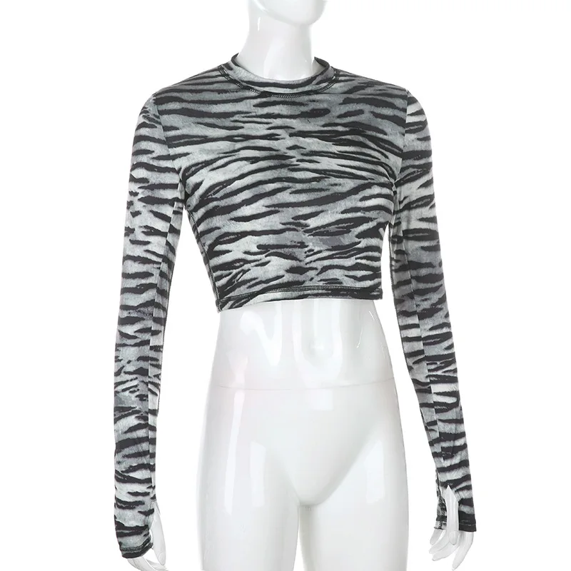 T Shirt Women Sexy Zebra Pattern Printed Crop Top Streetwear Fall Long Sleeve Crew Neck Animal Print Thumb Holes Basic Tee Shirt