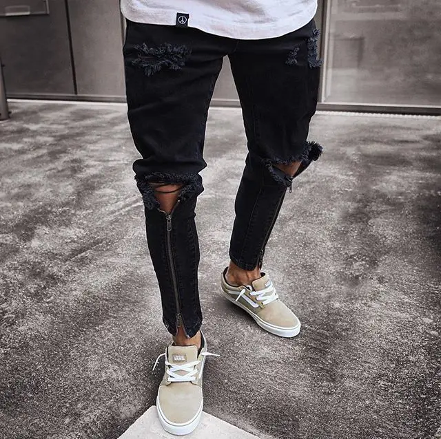 2019 Men's  Zipper Jeans Black Fashion Leg Zipper Pants Hole Keen Slim Fit Motorcycle Trousers 2019 Men's  Zipper Jeans Black Fashion Leg Zipper Pants Hole Keen Slim Fit Motorcycle Trousers