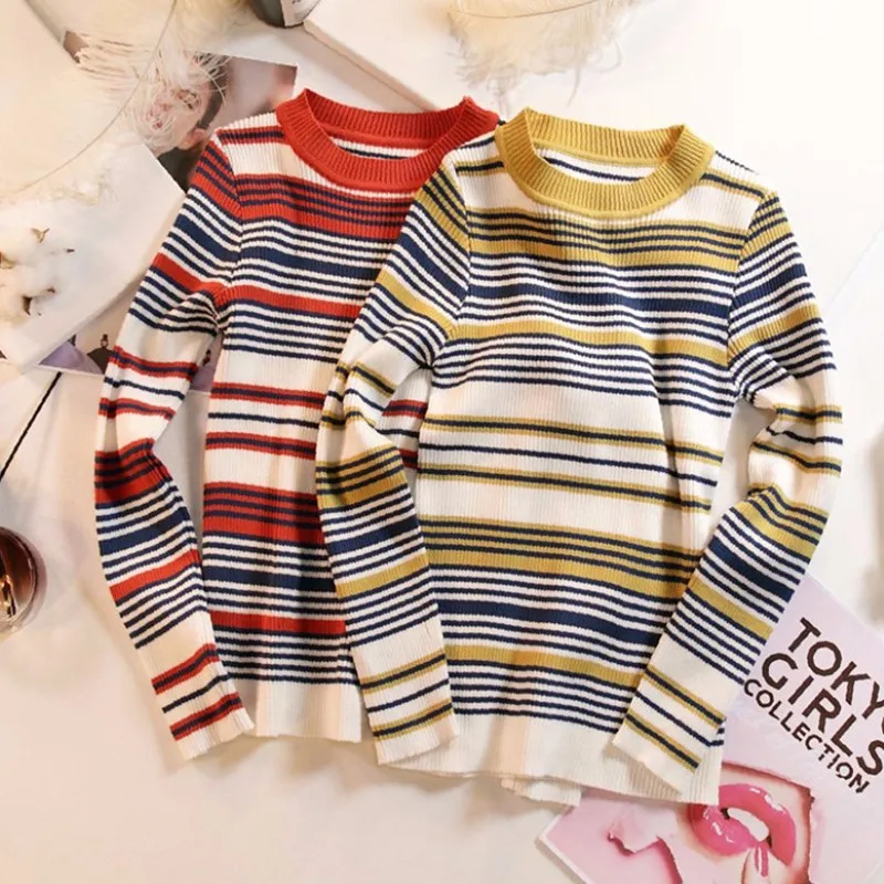 

DeRuiLaDy New 2019 O Neck Casual Fall Winter Sweater Women Long Sleeve Pullover Women Basic Sweaters Striped Fall Korean Sweater