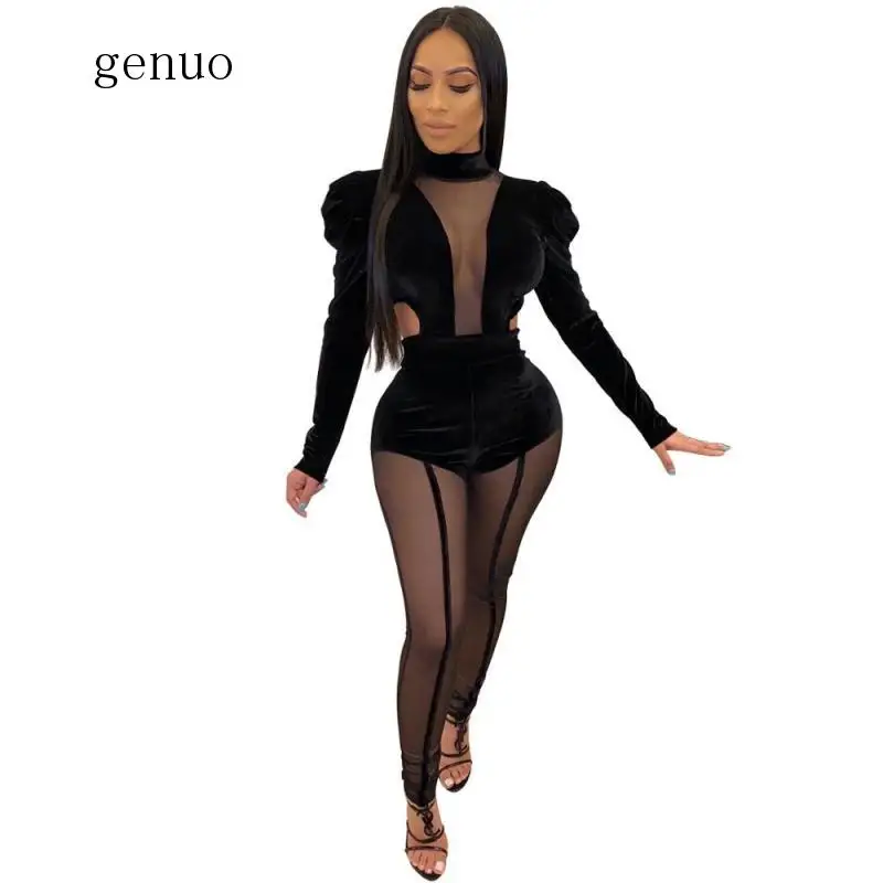 

Sexy Women Two Piece Outfits Warm Tracksuits Elegant Velvet Mesh Patchwork Bodysuit And Pant See Through Matching Sets
