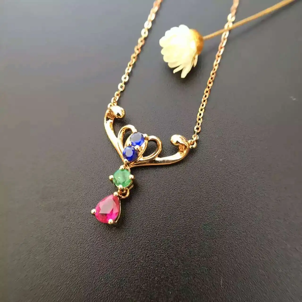 

Gemstone 0.543ct 18K Gold Natural Ruby Sapphire Emerald and Pendant Necklace Diamond inlaid 2016 Fine Ruby-Jewelry