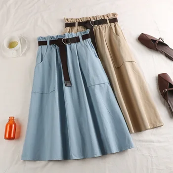 

Summer skirt 2020 Autumn women College style Retro belt skirts high waist pocket skirt female sweet women midi Frill skirts