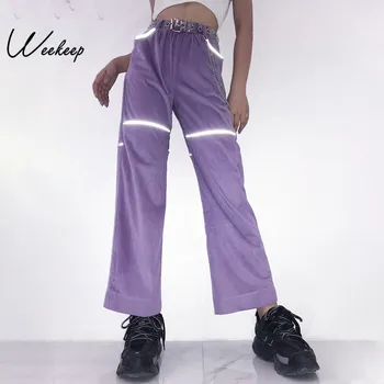 

2020 Sexy Reflective Metal Chain Patchwork Pants Women Purple High Waist Straight Trousers Elastic Waist Casual Pantalon Femme
