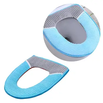 

Toilet Seat Cover Winter Home Warm Corduroy Stripe Sticky Buckle Waterproof Toilet Set Thickened Toilet Cushion (Sky Blue)