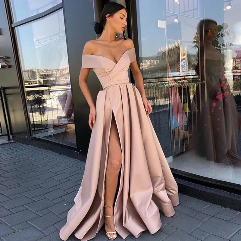 Vestido de fiesta largo de satén con abertura lateral para mujer, de color rosa con hombros descubiertos rubor noche, Sexy, sin espalda, 2021 - AliExpress