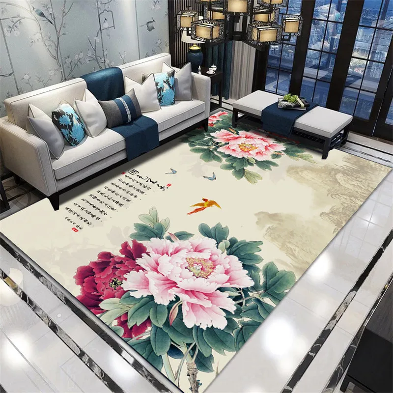 3D Chinese Flower Bird Printed Carpets Rugs Living Room Ink Painting Area Rug Bedroom Home Carpet Sofa Coffee Table Modern Floor