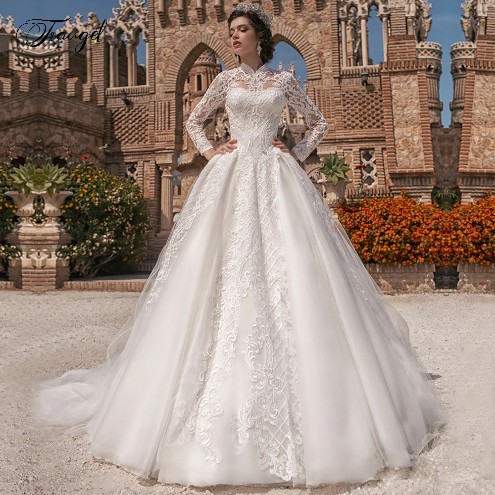 

Traugel High Neck A Line Lace Wedding Dresses Applique Long Sleeve Pearls Button Bride Dress Chapel Train Bridal Gown Plus Size