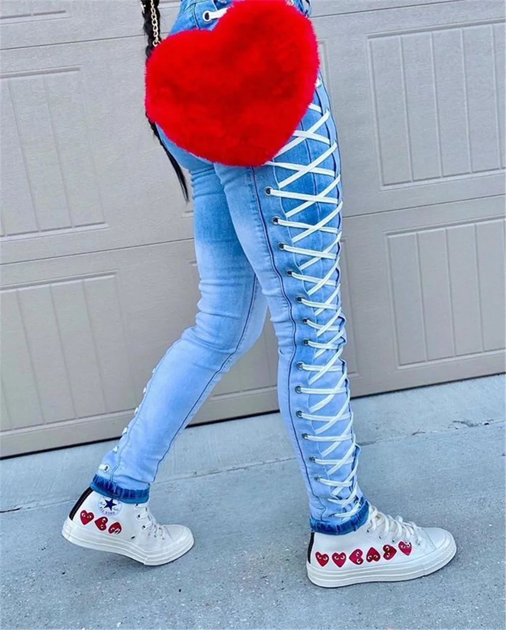 

Jeans Woman Side Bandage Design Plus Size Nid Waist Pencil Pants Fashion Skinny Trousers