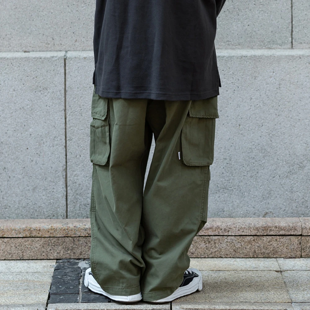 Multi-Pocket Cargo Pants Mens Safari Style Solid Color Pleated Loose Straight-leg Pants Elastic Waist Casual Trousers Men