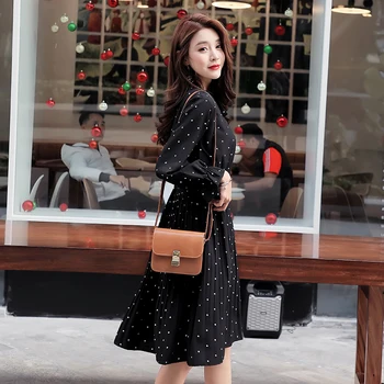 

2020 Black Color Long Sleeve Dot Print High Waist Slim Casual Elegant Dresses for Women Vintage Korean France Style Party Dress
