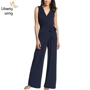 

Summer Fashion Concise Elegant Ladies Sleeveless V Neck Womens Jumpsuits Butterfly Knot Sashes Design Solid Color Chiffon Romper