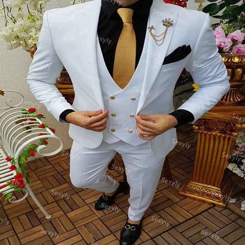 

Fitted White Double Breasted Suits For Men Three Pieces Coat Pant And Vest Formal Prom Mens Suit 2021 Groom Wear Wedding Tuexdos