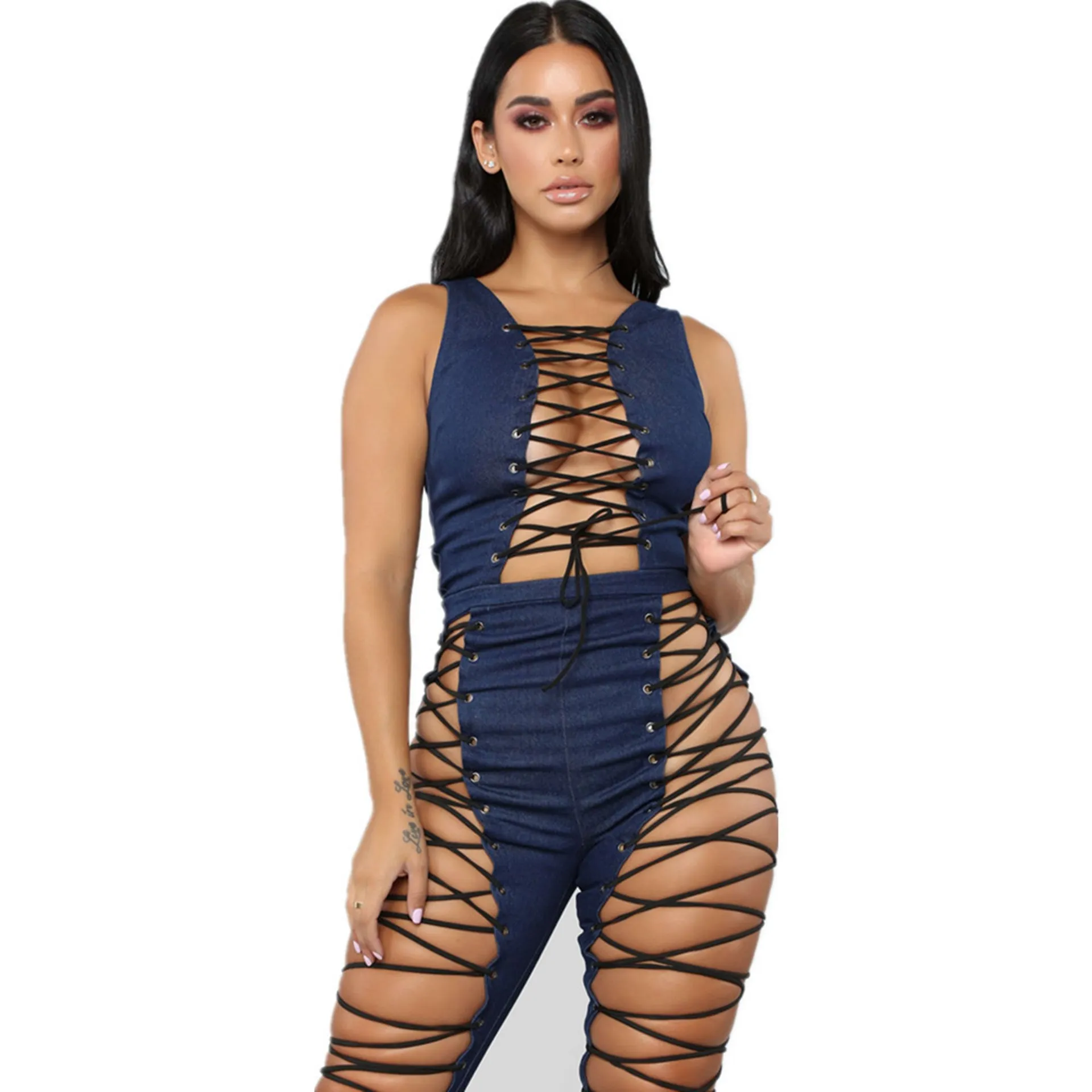 

Nice Women Lace Up Hollow Out Jumpsuit Streetwear Sleeveless Skinny Playsuit Sexy Patchwork Overalls