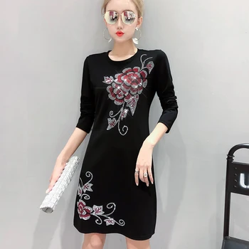

2019 New Autumn Winter Fashion Diamonds Flower Dress Women Casual Dress Shirt Long Sleeve Clothes Camiseta Mujer Vestidos D90003