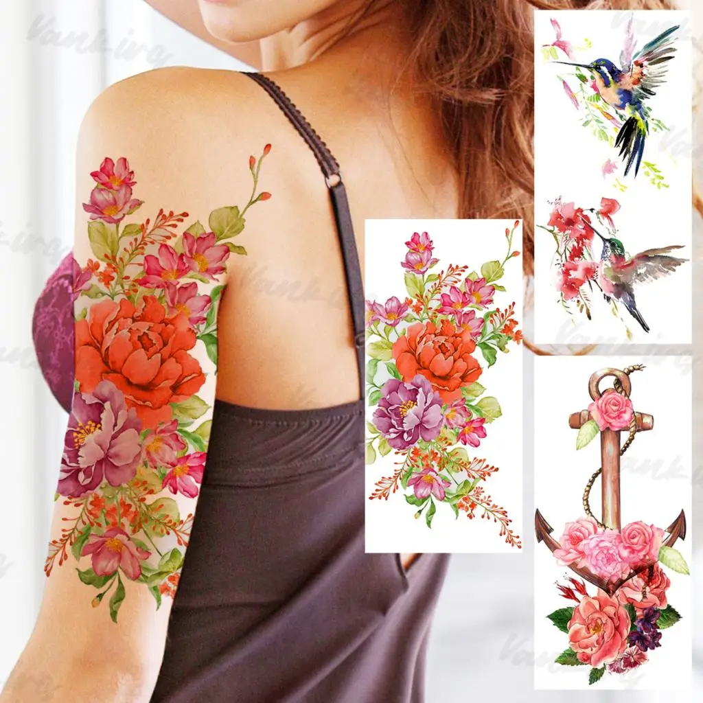 

Colorful Peony Temporary Tattoos For Girls Women Realistic Hummingbird Anchor Rose Flower Fake Tattoo Sticker 3D Arm Leg Tatoos