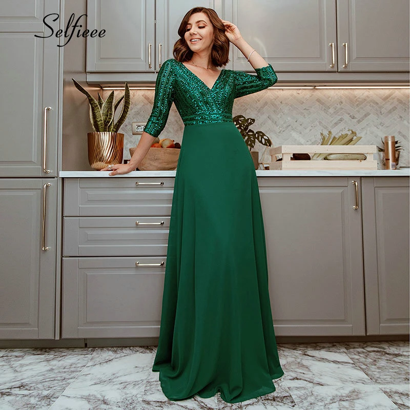 Sexy Dark Green Maxi Dress 3/4 Sleeve Deep V-Neck Sequined A-Line Women Summer Party Vestidos De Verano 2020 | Женская одежда