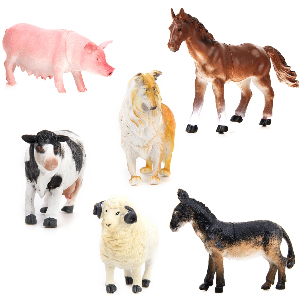 Kids Toys 6 pcs Farm Animal Model Set, Pig Dog Cow Sheep Horse Donkey