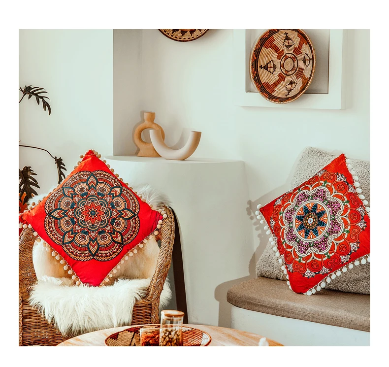 Красная наволочка мандала, Цветочная подушка, мягкий бархат, 45X45 см/50x50 см, помпон, бахрома, украшение для дома