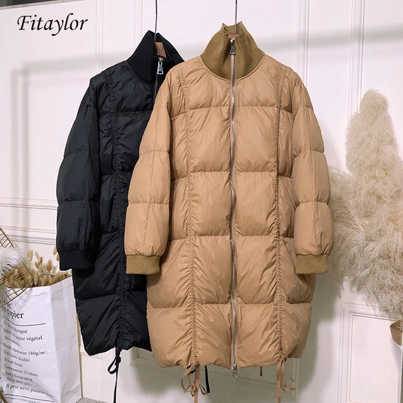 Fitaylor зима 90% ультра легкие белые пуховики женские теплые парки длинные Пуховые Пальто Повседневная зимняя верхняя одежда черный хаки