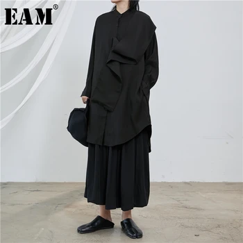 

[EAM] Women White Split Big Size Long Blouse New Stand Collar Long Sleeve Loose Fit Shirt Fashion Tide Spring Autumn 2020 1T229