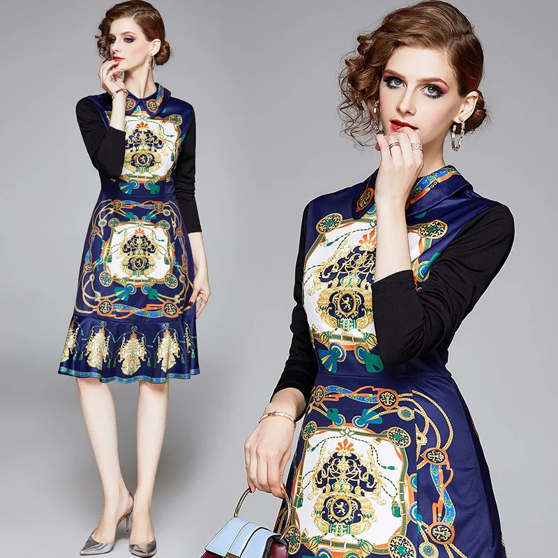 

Photo Shoot Large Austrian-Europe And America Ol Commuting Long Sleeve Printed Joint Elegant Fashion Elegant Fishtail Dress