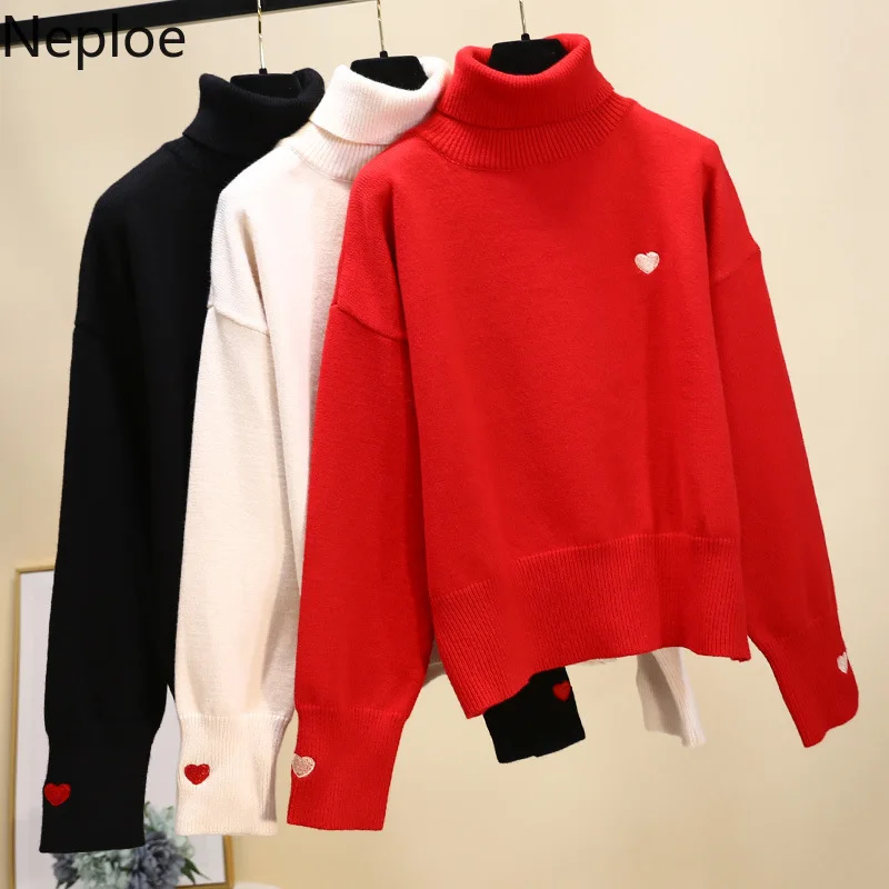 

Neploe Winter Clothes Women Turtleneck Christmas Sweater Sueter Mujer Long Sleeve Embroidery Heart Pullover Cute Knit Sweaters