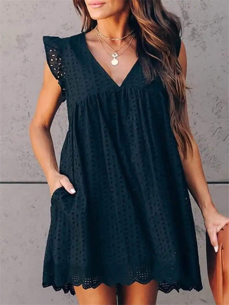 

2019 Summer Women Elegant Black Lace Mini Dress Female V-Neck Hollow Out Leisure Broderie Anglaise Ruffles Design Casual Dre