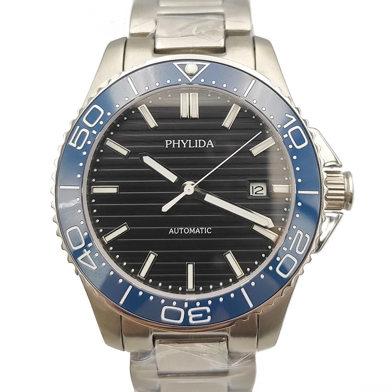 

40mm Men's Watch Black Dial With Date Automatic Movement Sport Wristwatch Sapphire Crystal Blue Ceramic Bezel Insert PHYLIDA