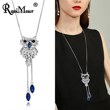 

Brand Fashion Silver Rhinestone Owl Pendant Necklace Women Jewelry Crystal Long Sweater Chain Choker Accesorios Mujer Collares