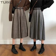 Женские зимние юбки, длинные, высокая талия, плиссированные, в клетку, школьная форма, эластичная юбка с поясом, Осенние акции, для девушек TJ100