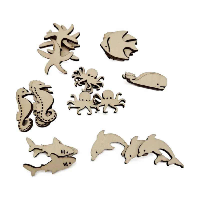 20pcs Unfinished Wood Cutouts Sea Animal Shaped Crafts Wood Pieces For