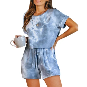 

Print Pocket Women Sleepwear Loungewear Short Summer Ladies Pajama Set Tie-Dye Home Suit Blue S
