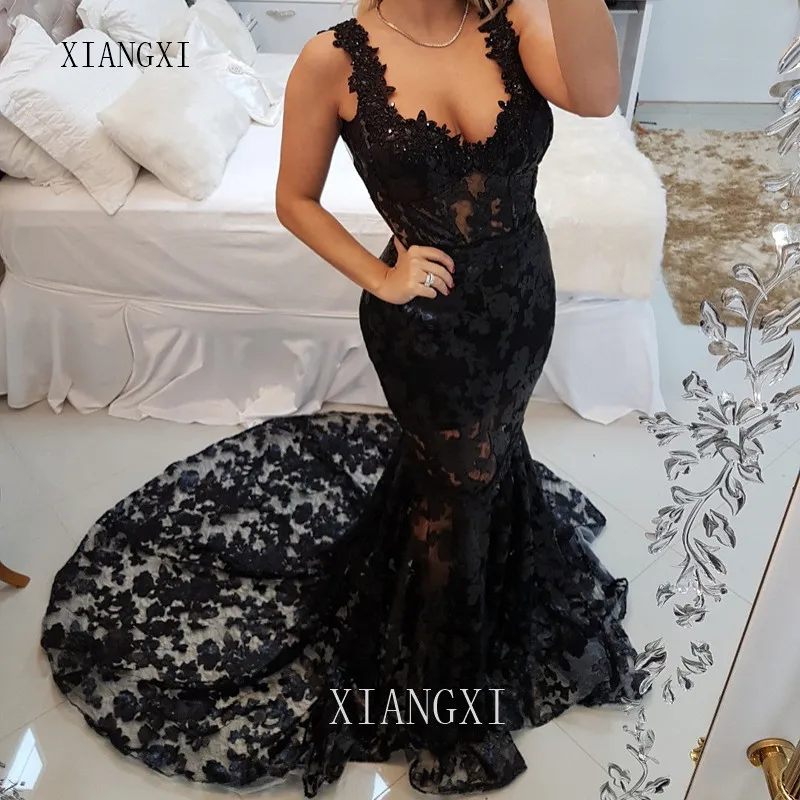 

2020Black Mermaid Evening Dresses 2019 Sexy Deep V-Neck See Through Lace Long Evening Dress Party Dresses vestido de festa