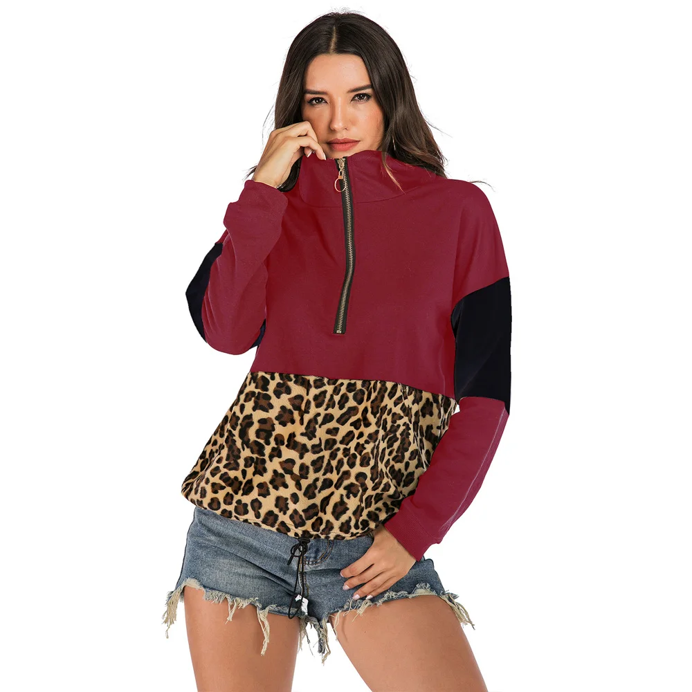 

Sovalro Leopard Printed Women Causal Sweatshirts Autumn Hooded Lapel Long Sleeves Female Pullovers Stitching Zipper Hoodies Tops