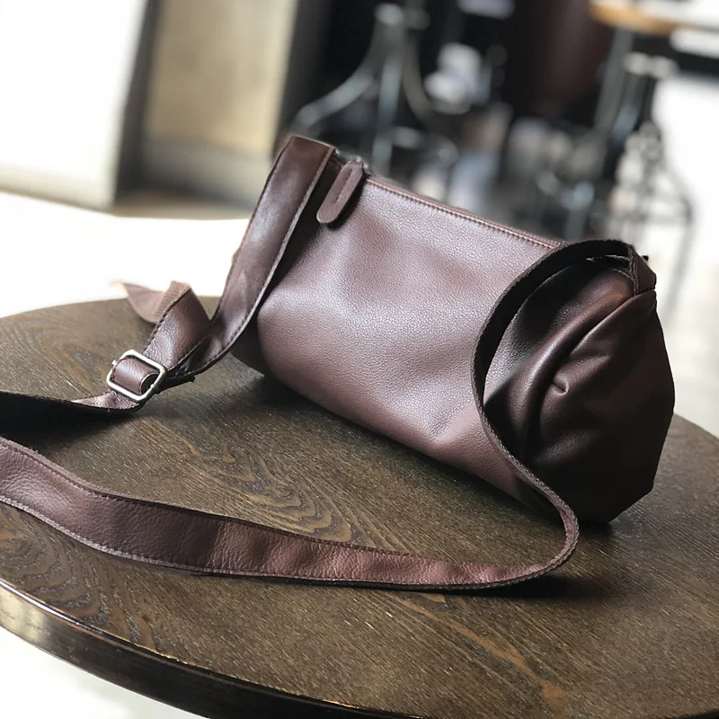 

Genuine Leather nv kua bao 2019 Autumn And Winter New Style Cylinder Bag Soft Leather Retro Shoulder Bag Full-grain Leather Plea
