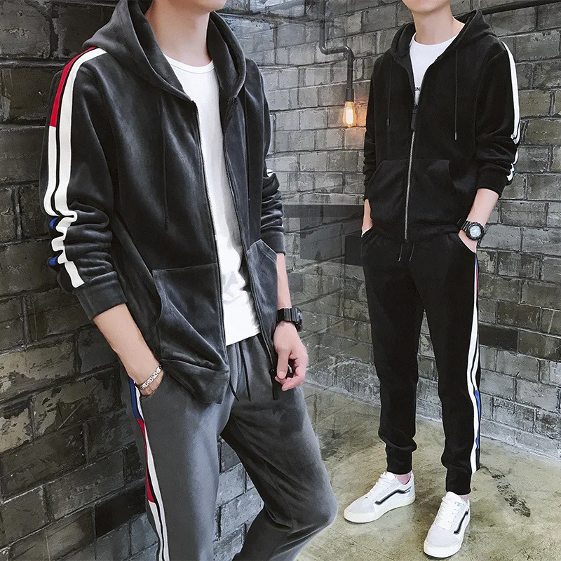 

2019 Gold Velvet Sports Clothing Set Two-Piece Set Autumn And Winter Casual Hooded Set MEN'S Coat Hoodie Men'S Wear Fashion