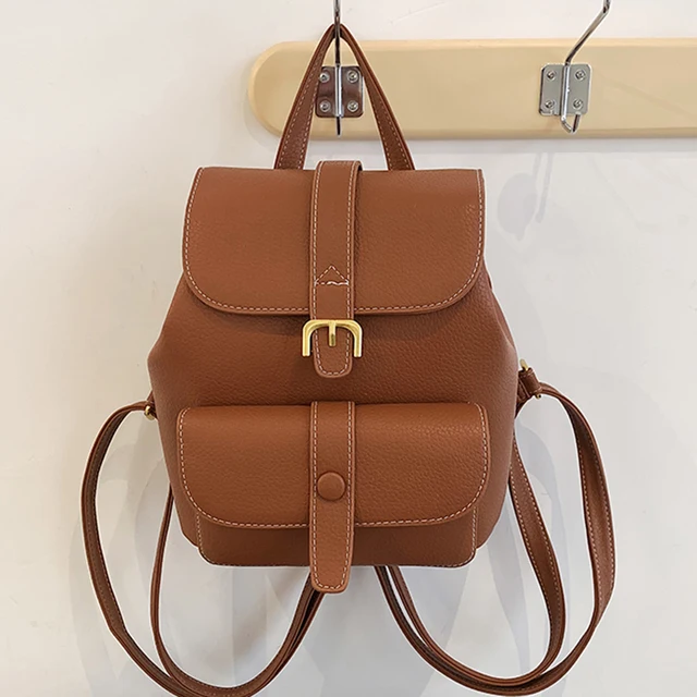 Women Drawstring Leather Backpack French Shoulder Bag Trendy Female School Bag Teenage Girls High Quality Fashion Rucksack X950H Brown new