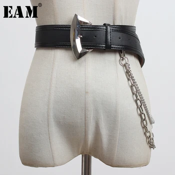 

[EAM] Pu Leather Black Metal Buckle Chain Wide Long Belt Personality Women New Fashion Tide All-match Spring Autumn 2020 1Y822
