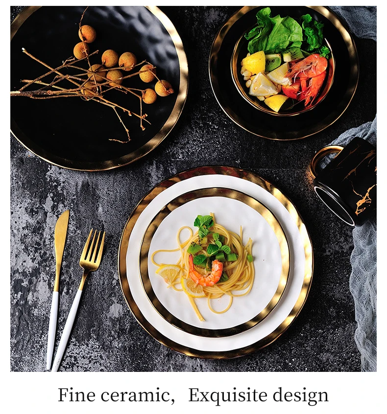 Европейский стиль, Золотая Сторона, черная тарелка, столовая посуда в ретро стиле, матовая тарелка для стейка, десертный поднос, кухонные обеденные тарелки, керамические тарелки