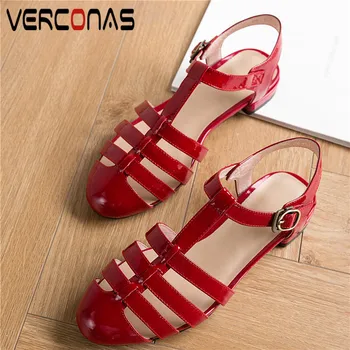 

VERCONAS Women Round Toe Buckle Genuine Leather Lace Up Platforms Flats Sandals Basic Shoes Thick Heels Summer Shoes Woman