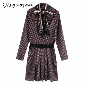 

Miguofan office dresses dots print retro scarf bow sashes mini party dress Women dress elegant for female 2019 Autumn vestidos