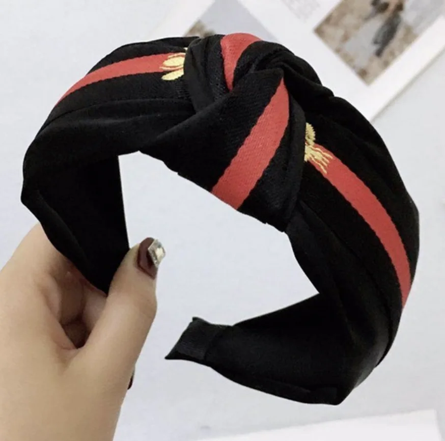 black red 1 шт милые повязки с узелком Для женщин-обручи для волос широкая полосатая повязка на голову с пчелиным животным, крестообразная лента для волос с тканью - Цвет: black red