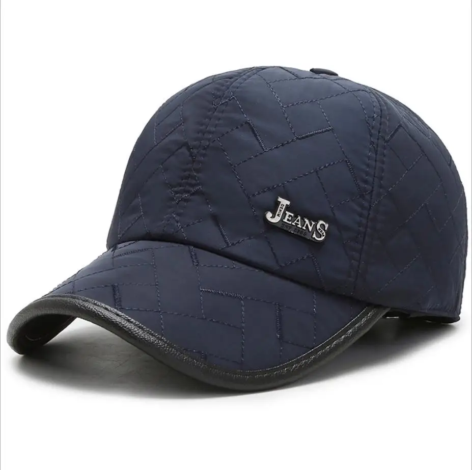 navy blue Мужская бейсболка s для осени и зимы с ушками, хлопковая теплая шапка с наушниками для взрослых мужчин, пап, сплошной цвет, регулируемый головной убор, размер - Цвет: navy blue