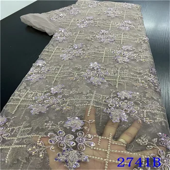 

Purple Lace Top Beaded Lace Fabric For Tulle Lace Dress Latest French Lace Netting Fabric Luxury Handmade Beaded Lace NA2741B-2