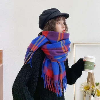 

2020 new autumn and winter new tassel plaid warm imitation cashmere ladies shawl thickened wild contrast scarf bib A64