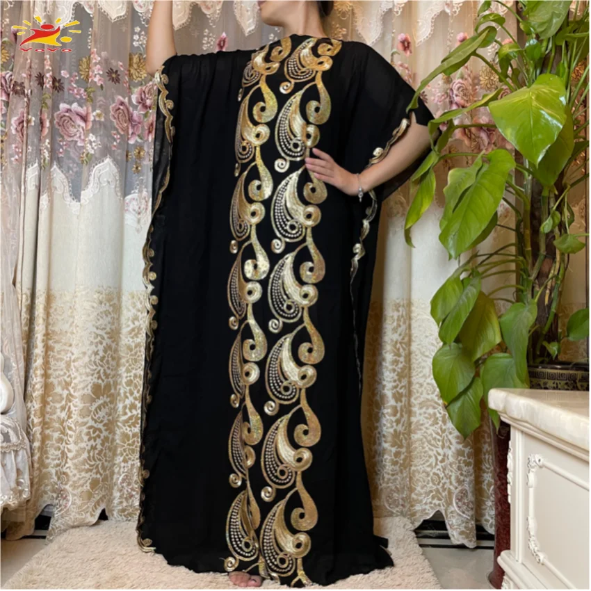 2021 New Arrival African Embroidery Flower Dresse With Scarf Big Size Women Muslim Sequin Embroidery Long Black Lady Clothes